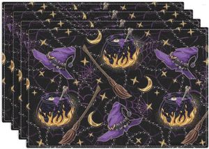 Sets de table Halloween napperons violet sorcière étoiles dorées 12x18 pouces décorations ensemble de 4 lavables cuisine salle à manger