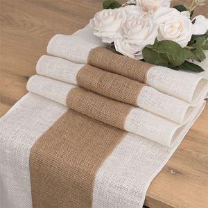 Table Runner Burlap Table Runner Jute Stitching Farmhouse Table Runners for Home Dining Room Country Vintage Wedding Banquet Decoration 230621