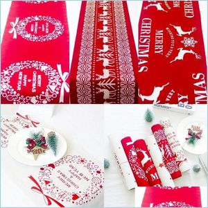 Chemin de table Nappe en coton de Noël Flocon de neige Elk imprimé rouge blanc dessin animé Noël décoration de bureau de ménage livraison directe maison Dheab