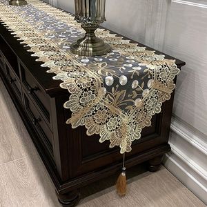 Table Runner Oval Lace Table Runner Embroidered TV Cabinet Tablecloth Lace Pendant Tassel Dresser Table Flag Dust Cover 230322