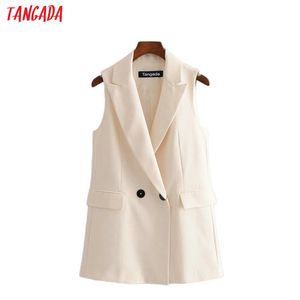 Tangada femme beige long gilet manteau bureau dames gilet sans manches blazer double boutonnage outwear haut élégant 3H465 201031