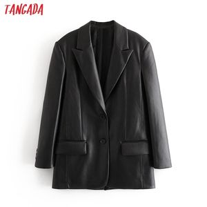 Tangada Women Black Faux Leather Blazer Coat Vintage Notched Collar Long Sleeve Fashion Female Loose Chic Tops QN37 211006