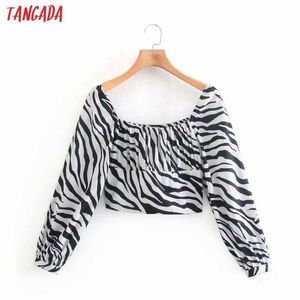 Tangada Mujeres Retro Animal Print Crop Shirt Manga larga Verano Chic Mujer Sexy Slim Shirt Tops XN254 210609