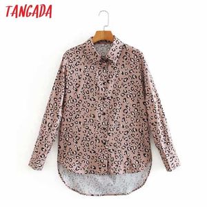 Tangada femmes rétro rose imprimé léopard Blouse à manches longues Chic femme décontracté chemise ample Blusas Femininas XN172 210609