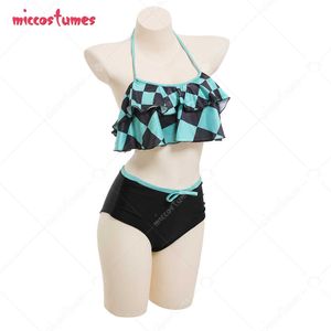 Tanjiro Grid Pattern Halter Neck Top y cintura alta Cosplay Traje de dos piezas Anime Traje de baño Traje de baño Traje de baño Y0903