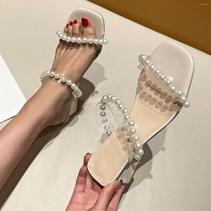 TELA DE LAS Sandalias zapatillas Pearl Heel Chunky Slip-On Clear Ladies Sandals Sandalsquare High Toe Women's 128 661 763