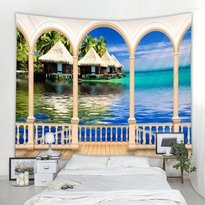 Tapices 3D Ventana nórdica Vista al mar Decoración Tapiz Art Deco Manta Cortina Colgando en el hogar Dormitorio Sala de estar