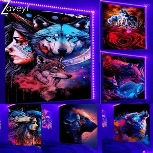Tapices Indios Guardia Celestial Monster Wolf Tapestry Rose Flowe UV Black/Purple Light Reactive Divine Moon Wall telave