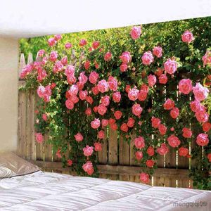 Tapestries Spring Flowers Wood Fence Tapestry Nature Pink Rose Plants Floral Wall Hanging Garden Window Natural Scenery Cloth Home Decor R230705