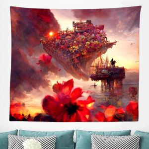 Tapisseries Trippy fleurs bateau tapisserie esthétique soleil mer coloré fantaisie tenture murale pour chambre maison salle de Yoga