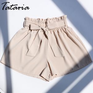 TATARIA Belted Ruffle Waist Shorts para Mujer High Loose Bottom Women Wide Leg Summer Beach Ladies Mujer 210514