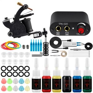 Máquina de tatuaje Kit de máquinas de tatuaje para principiantes 5 ml de tinta negra Fuente de alimentación Empuñaduras Conjunto de herramientas de diseño de arte corporal Kit de suministros de maquillaje permanente para tatuajes 231118