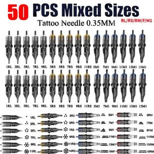 Agujas para tatuar 50PCS Cartucho mixto Agujas para tatuar originales RL RS RM M1 F Agujas de tatuaje de seguridad esterilizadas desechables para cartucho 231012