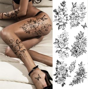 Etiqueta engomada del tatuaje flor arte corporal grande impermeable temporal Sexy muslo s para mujer agua falsa negro boceto línea manga 2205145743604