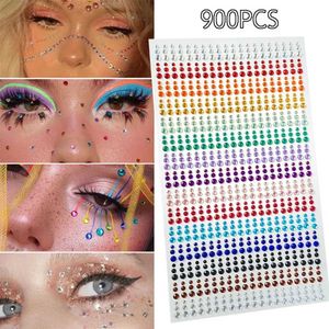 Transfert de tatouage Diy Face Bijoux Sticker Kids Eye Makeup Rhingestone Temporaire imperméable Faux Tattoo Cute Festival Art Girls Diamond 900PCS 240426