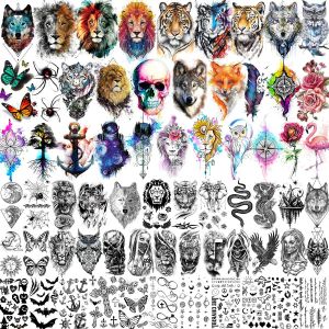 Tatouages 66 feuilles 3D aquarelle animaux tatouages temporaires pour femmes hommes papier de tatouage faux hibou Lion loup tigre serpent tatouages longue durée