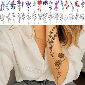 Tatuajes Flor de amapola negra tatuajes temporales para mujeres Realista Lavanda Ciraz de lavanda Implaz de tatuaje falso de tatuaje Cuerpo de tatuaje