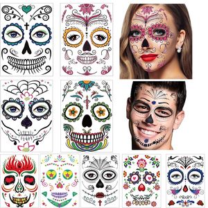 Tatouages pour le visage Halloween autocollants temporaires 1 feuilles Floral Day of the Dead Sugar Skull autocollant facial