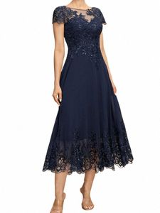 Longitud del té Azul marino Madre de la novia Dres 2023 Mangas casquillo Escote barco Fiesta de boda Dr Vestido Invitada Boda 2022 i3Mx #