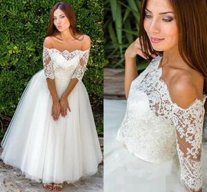 Vestidos Vintage De longitud del té con hombros descubiertos, media manga, tul, línea A, Apliques De encaje, Vestido De Novia, Vestido De Novia pplique