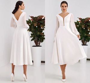 Robe de mariée longueur thé, modeste, col en V, dos nu, corset, couleur unie, sur mesure, manches longues, robes de mariée, 2022