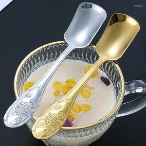 Scoops de thé 17 cm Plat Bottom Spoon en acier inoxydable Square Dinner des cuillères à poignée longue boisson pour le dessert de crème glacée
