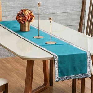 Corredores de mesa verde azulado geométrico moderno de lujo corredor de cama tela rectángulo suave decoración de comedor para fiesta de boda 210708