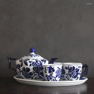 Service à thé en céramique bleu et blanc, service à café en porcelaine avec plateau, Style chinois frais classique