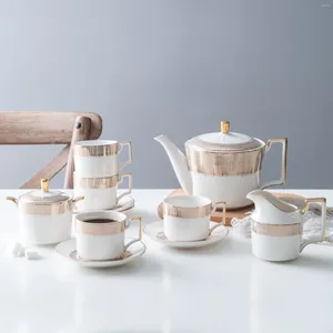 Juntos de té de tetera de cerámica y taza de tetera blanca con china blanca electroplacle de oro de porcelana platillo de porcelana leche de azúcar maceta 11 piezas 15 piezas