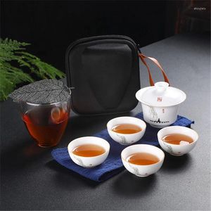 Juegos de teteras, tetera china, juego de té portátil de cerámica que incluye una olla, dos tazas, tetera Gaiwan para viajes al aire libre, tazas de té de oficina
