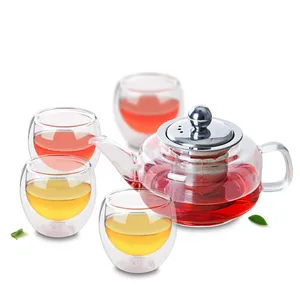 Ensembles de voies de thé Téapot de café en verre transparent avec filtre en acier inoxydable 4pc tasse de mur double