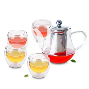 Ensembles de services à thé, théière à café, filtre en acier inoxydable, tasses à thé en verre à Double paroi, 4 pièces