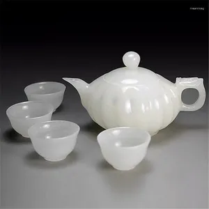 Service à thé en Jade blanc naturel, 1 théière, 4 tasses à thé, Gongfu, véritable pierre de Jade, pour cérémonie du thé chinois