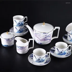 Ensembles de voitures en thé Purple Blue Mist Mist Bone China Nordic Teapot Set Ceramic Coffee Cup 15pcs Caouttes avec Saucer Milk Pot Gift Boîte