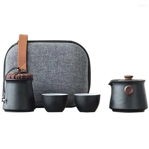 Conjuntos de té Juego de té de cerámica de viaje Tazas de té con mango de sándalo con carrito y bolsa de tela anticolisión de doble capa