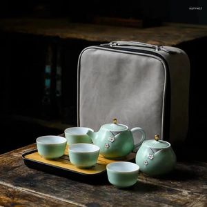 Ensembles de voies de thé Travel Tea Set Outdoor Portable Porcelaine White un pot de quatre tasses