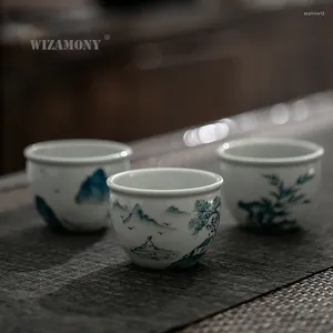Ensembles de voiles de thé Wizamony Ancient Green Grey Tire Thé à thé peint à la main Blue et blanc Céramique Tasse grandeur de thé