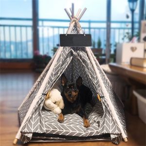 Teepee Bed White Canvas Cute House - Portable Washable Dog Tents for Dog(Puppy) & Cat Pet (with Cushion) 201223