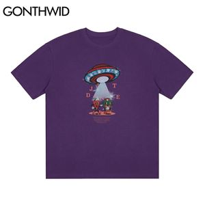 T-shirts Chemise Streetwear Casual Funny UFO Cartoon Imprimer Coton T-shirts à manches courtes Hip Hop Harajuku Tops amples 210602