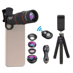 Télescopes Apexel 5 dans 1 Kit d'objectif téléphonique 18x Lens de télescope avec téléobjectif macro grand angle Fisheye pour Samsung Huawei tous les smartphones