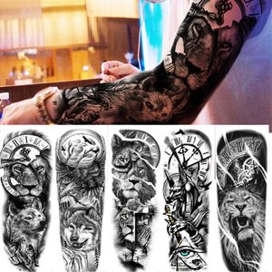 Temporary Tattoos 10Pcs Man Fulll Arm Temporary Tattoo Forest Lion Wolf Skull Women Sexy Flower Gun Clock Bird Fly Waterproof Body Leg Art Sticker 221208