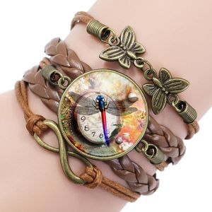 Tennis Antique Bronze libellule horloge photo verre Cabochon multicouche cuir Wrap Bracelet femmes à la main femme Infinity Bracelets