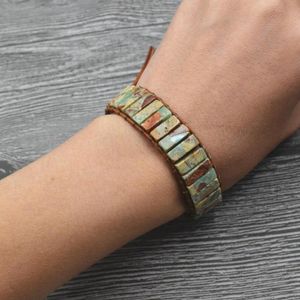 Bracelet Tennis Bohême Amazonite Naturelle Labradorite Pierre Cuir Wrap