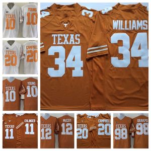 Maillot de football Texas Longhorns En stock 10 Vince Young 20 Earl Campbell 11 Sam Ehlinger 12 Colt McCoy 34 Ricky Williams 98 Brian Orakpo maillot cousu