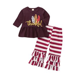 3 styles Thanksgiving bébé filles tenues enfants plume de dinde imprimé haut + pantalon à volants à rayures 2pcs / set automne enfants vêtements ensembles C5384