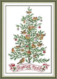 El árbol de Navidad con pinturas decorativas de pájaros, juegos de costura bordados a mano en punto de cruz contados impresos en lienzo DMC 14CT / 11CT