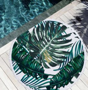 La dernière serviette de plage imprimée ronde de 150 cm, style plante verte plus peau de pêche, toucher doux des glands