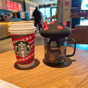 La dernière tasse en verre Starbucks de 17,8 oz, tasse à café en paille Starbucks diable et champignon, prend en charge le logo personnalisé