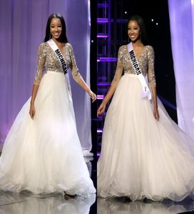 THE MISS TEEN USA 2019 Pageant Robes De Célébrités Sexy Col En V 34 Manches Longues Appliques Puffy Une Ligne Formelle Soirée Occasion Dresse5132400