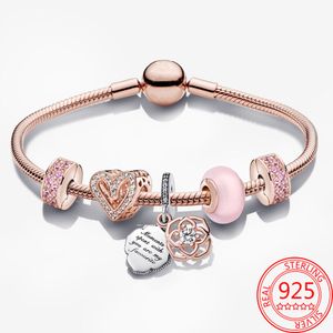 Le nouveau charme en argent sterling 100% 925 populaire et élégant Clip fixe rose rose élégant -Up Pendant Pandora Bracelet Women's Anniversary Gift